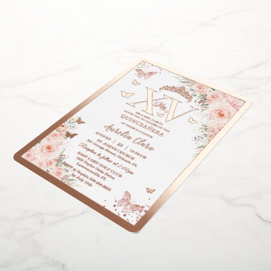 Quinceñera Quince 15 XV Blush Rose Gold Folieneinladung (Gedreht)