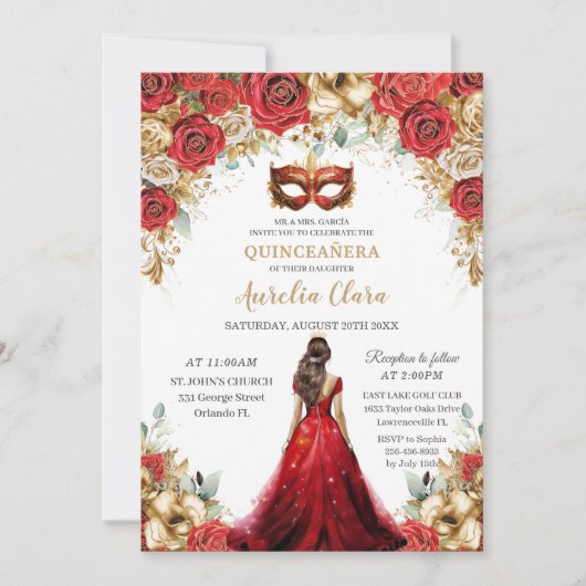 Quinceñera Red Gold Rose Blumenmasquerade Ball Einladung (Vorderseite)