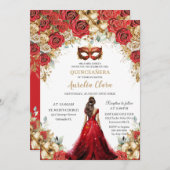 Quinceñera Red Gold Rose Blumenmasquerade Ball Einladung (Vorne/Hinten)