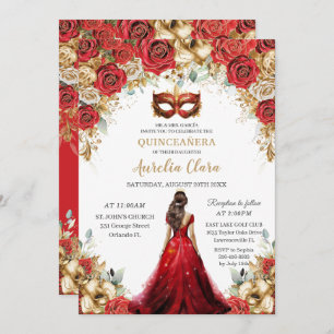 Quinceñera Red Gold Rose Blumenmasquerade Ball Einladung