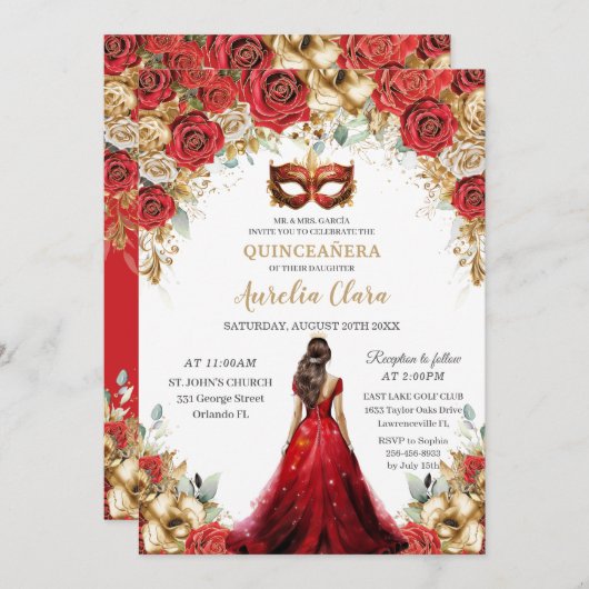Quinceñera Red Gold Rose Blumenmasquerade Ball Einladung (Vorne/Hinten)