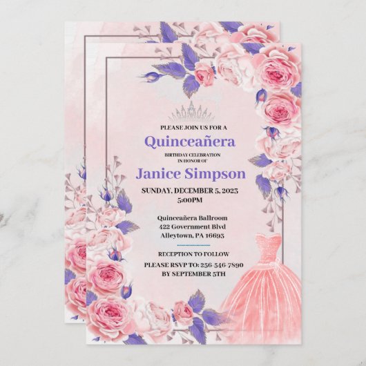 Quinceñera rosa und lila Rose Einladung (Vorne/Hinten)