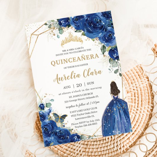 Quinceñera Royal Blue Floral Prinzessin 15 Años Einladung