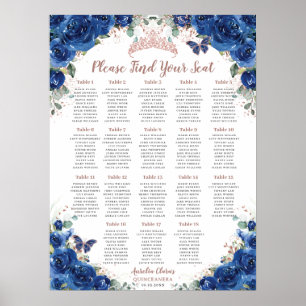Quinceñera Royal Blue Floral Rose Gold Sitzplätze Poster