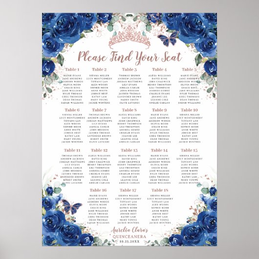 Quinceñera Royal Blue Floral Rose Gold Sitzplätze Poster (Vorne)