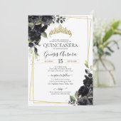 Quinceñera Schwarz & Gold Elegante Watercolor Einladung (Stehend Vorderseite)