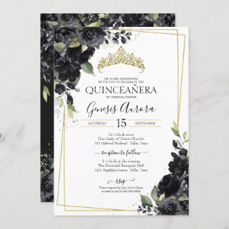 Quinceñera Schwarz & Gold Elegante Watercolor Einladung