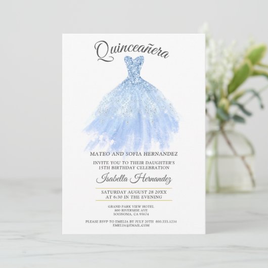 Quineanera Gold Glitzer Blue Gown Party Einladung (Stehend Vorderseite)