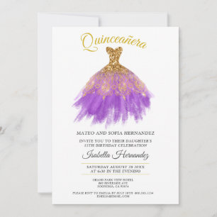 Quineanera Gold Glitzer Lila Party Einladung