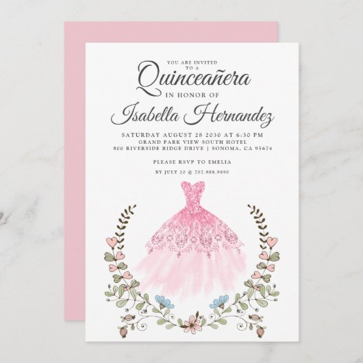 Quineanera Gown Dress Floral Pink Einladung (Vorne/Hinten)