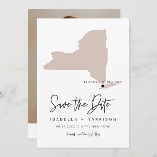 QUINN NEW YORK Blush Pink Map Foto Save the Date Einladung (Vorne/Hinten)