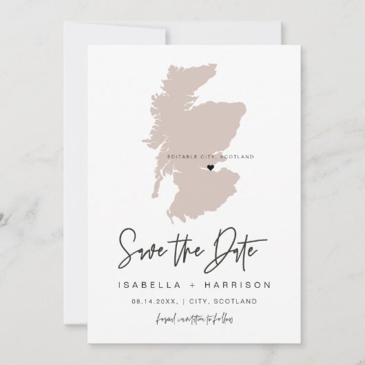 QUINN SCOTLAND Blush Pink Map Foto Save the Date Einladung (Vorderseite)