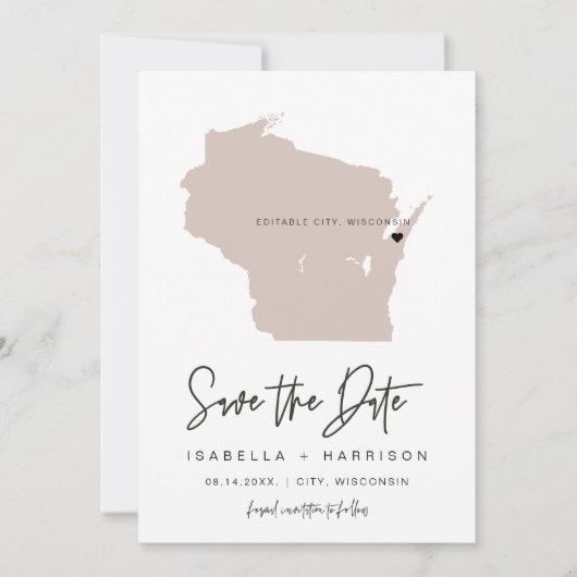 QUINN WISCONSIN Blush Pink Map Foto Save the Date Einladung (Vorderseite)
