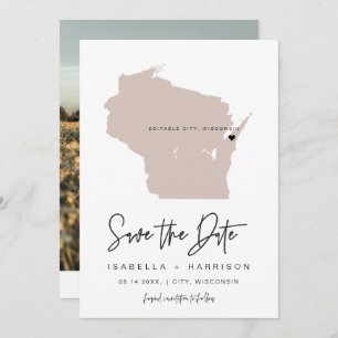 QUINN WISCONSIN Blush Pink Map Foto Save the Date Einladung