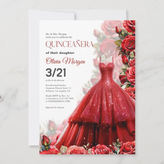 Quintencera Glam Red Dress Party Einladung (Vorderseite)