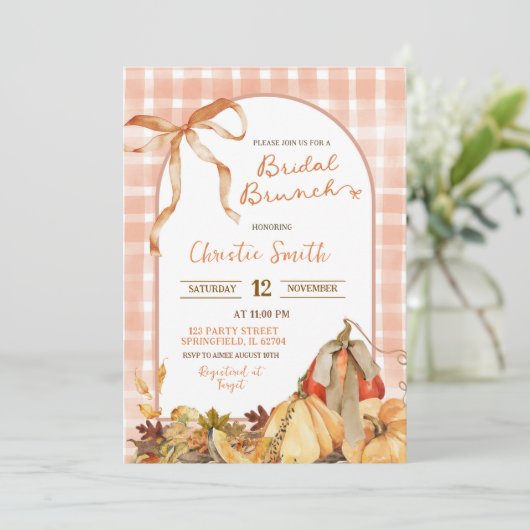 Quirk Gingham Kariert Bow Pumpkin Bridal Brunch Einladung (Stehend Vorderseite)