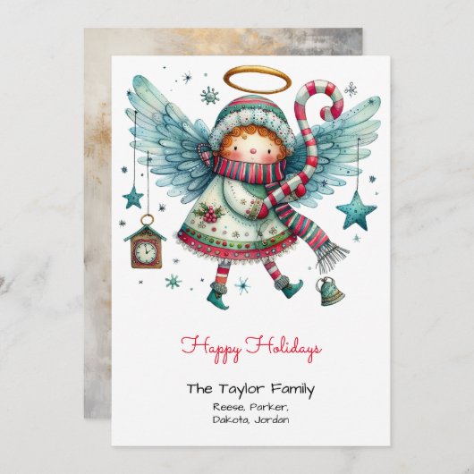 Quirky Angel Illustration Happy Holidays Feiertagskarte (Vorne/Hinten)