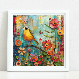 QUIRKY BIRD IN GARDEN POSTER