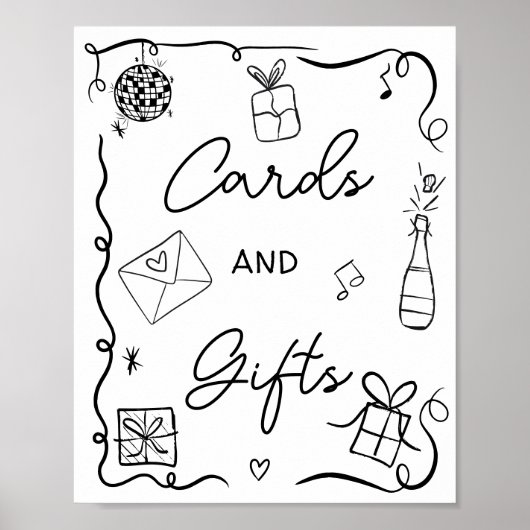 Quirky Black Hand Drawn Cards Hochzeit Poster (Vorne)
