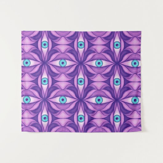 Quirky blaue Augen im mystischen Lila Muster Wandteppich (Vorderseite (Horizontal))