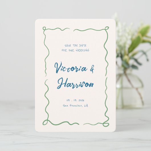 Quirky Blue Hand gezogen Wavy Squiggle Border Save The Date (Stehend Vorderseite)