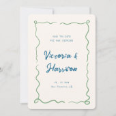 Quirky Blue Hand gezogen Wavy Squiggle Border Save The Date (Vorderseite)