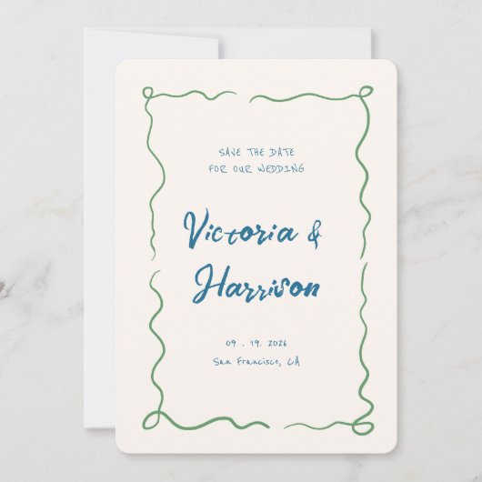 Quirky Blue Hand gezogen Wavy Squiggle Border Save The Date (Vorderseite)