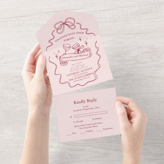 Quirky Bow Handgeschriebene Hochzeit All In One Einladung (Abreißen)