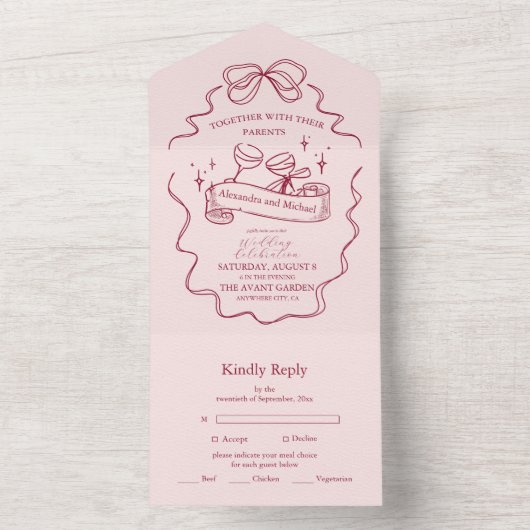 Quirky Bow Handgeschriebene Hochzeit All In One Einladung (Innen Boden)