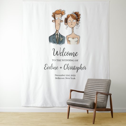 Quirky Bride und Groom Weddrop Wasserfarbe Wandteppich (Beispiel)