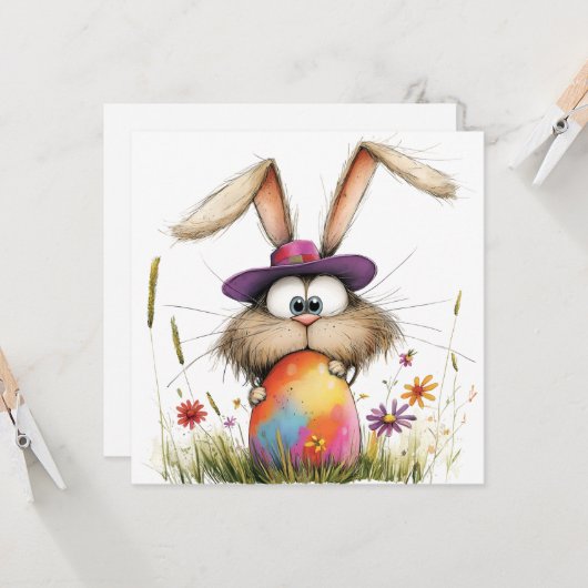 Quirky Bunny with Decorated Egg Easter Greeting Karte (Vorderseite/Rückseite Beispiel)