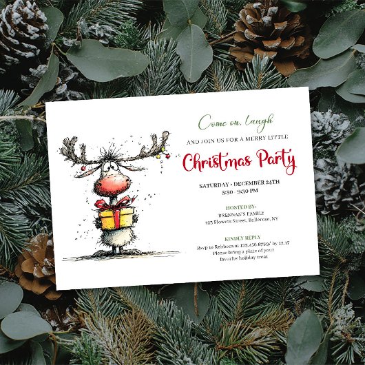 Quirky cartoon reindeer Christmas party invite Einladung