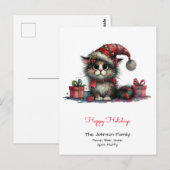 Quirky Cat in einer Weihnachtsmannmütze Happy Holi Postkarte (Vorne/Hinten)