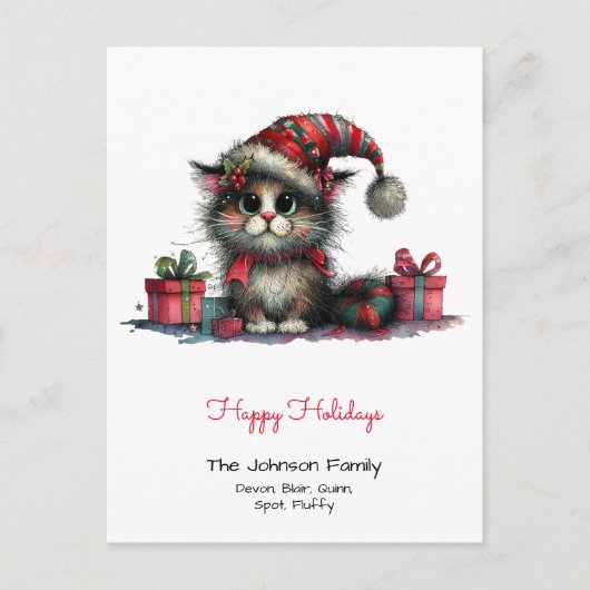 Quirky Cat in einer Weihnachtsmannmütze Happy Holi Postkarte (Vorderseite)