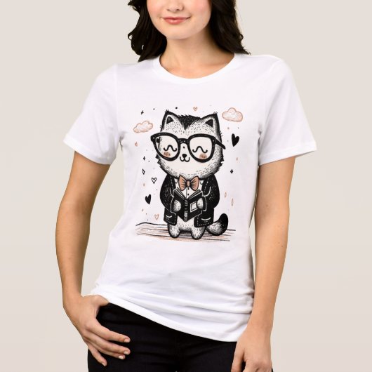 Quirky Cat Reading Book T - Shirt - HandGezeichnet (Vorderseite)