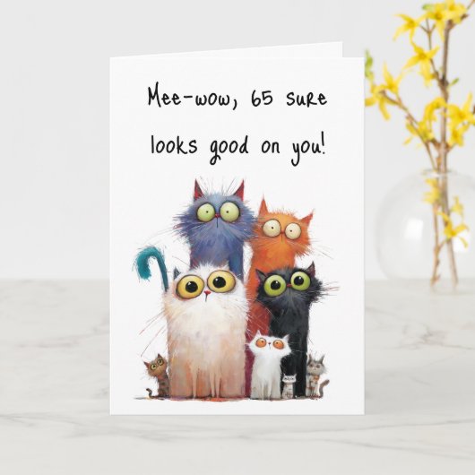 Quirky Cats with Big Eyes 65th Birthday Greeting Karte (Gelbe Blume)