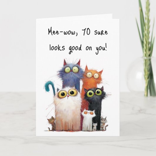 Quirky Cats with Big Eyes 70th Birthday Greeting Karte (Vorderseite)