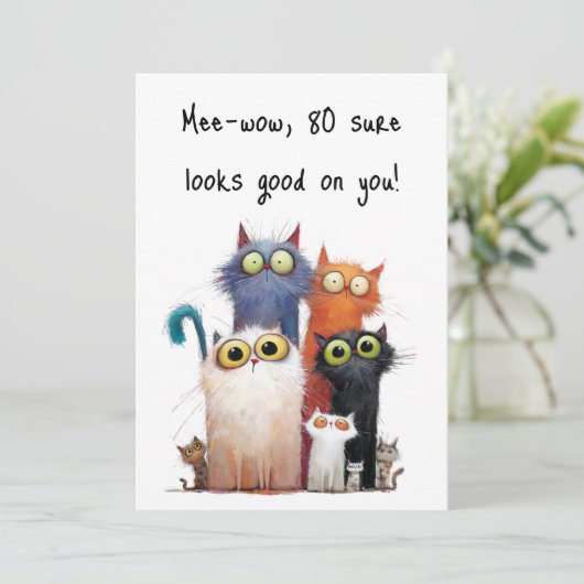 Quirky Cats with Big Eyes 80th Birthday Flat Karte (Stehend Vorderseite)