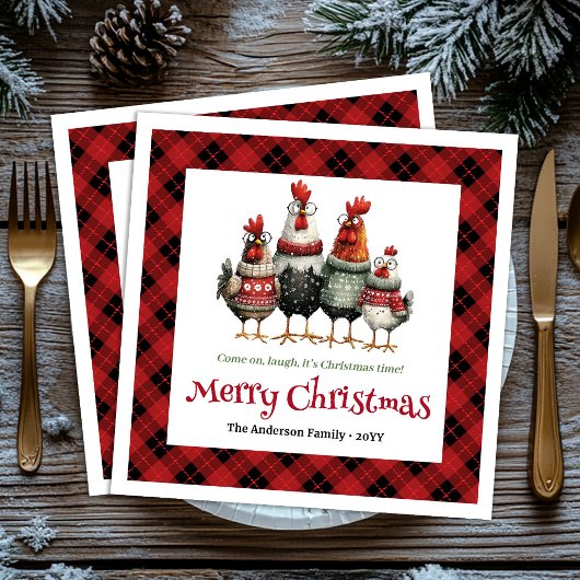 Quirky Christmas chickens napkin set custom name Serviette