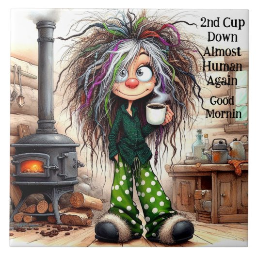 Quirky Coffee Lady Beinahe menschliche Keramik Til Fliese (Vorderseite)