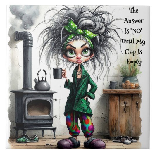 Quirky Coffee Lady Empty Cup Keramik Tile Fliese (Vorderseite)