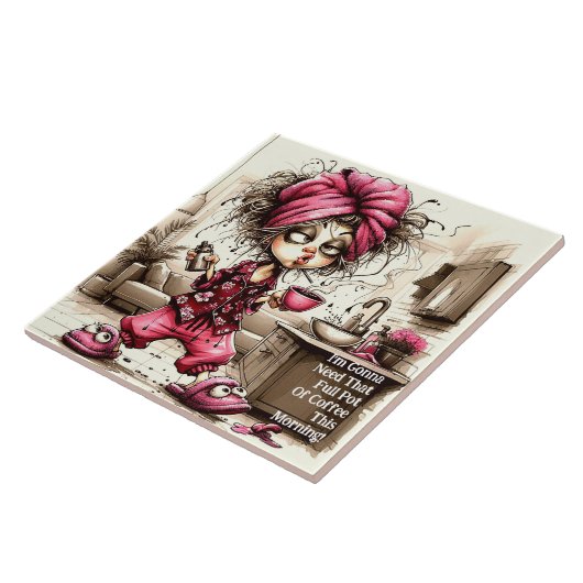 Quirky Coffee Lady Full Pot Keramik Tile Fliese (Seite)
