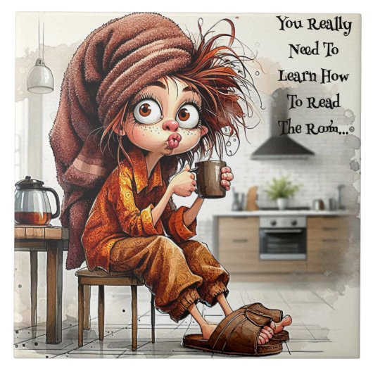 Quirky Coffee Lady liest die Keramik im Zimmer Fliese (Vorderseite)