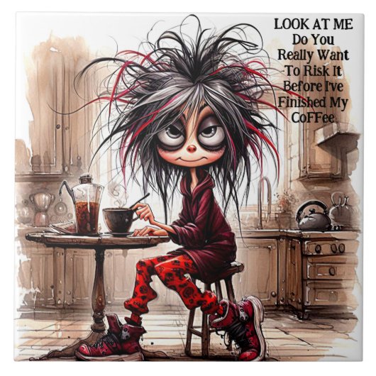 Quirky Coffee Lady riskiert IT-Keramik Fliese (Vorderseite)