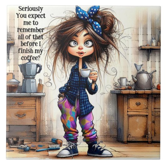 Quirky Coffee Lady Serious Keramik Tile Fliese (Vorderseite)