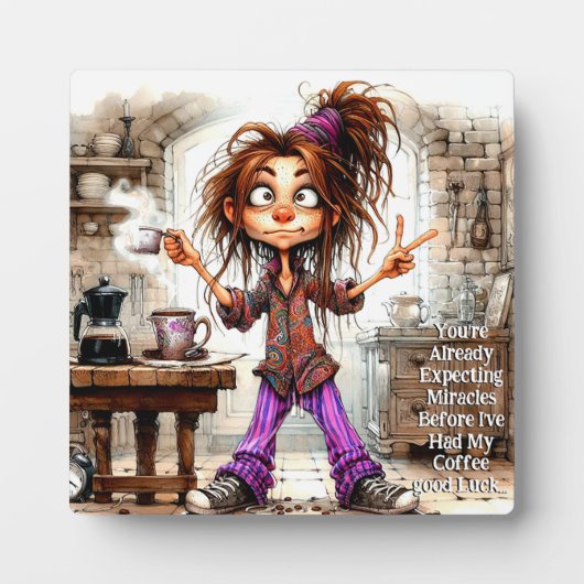 Quirky Coffee Lady Viel Glück Plaque mit Easel Fotoplatte (Vorderseite)