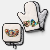Quirky Coffee Lover Duck Design Ofenhandschuh & Topflappen-Set (Vorderseite/Rückseite)