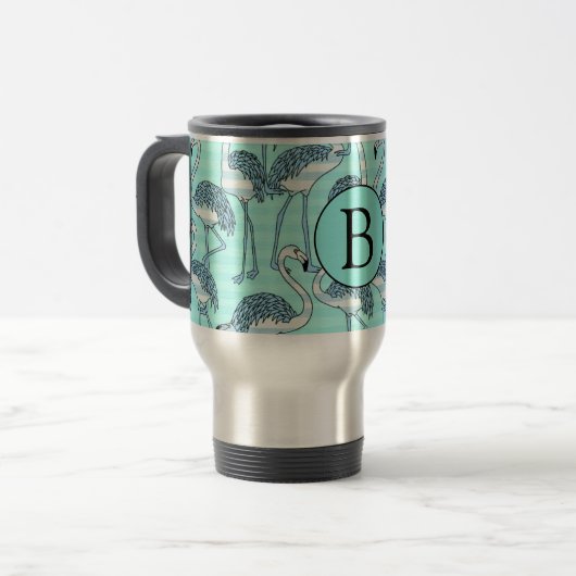 Quirky Cool Striped Blue Flamingo Muster Monogram Reisebecher (Vorderseite Links)