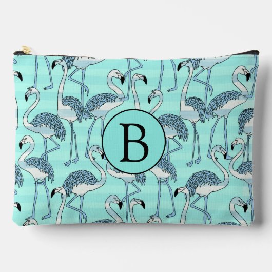 Quirky Cool Striped Blue Flamingo Muster Monogram Zubehörtasche (Vorderseite)