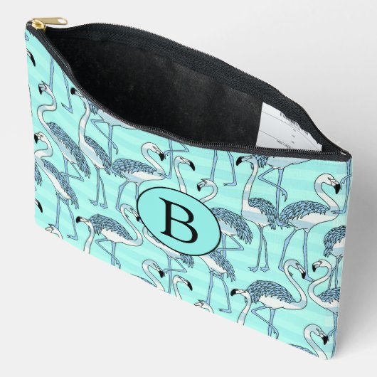 Quirky Cool Striped Blue Flamingo Muster Monogram Zubehörtasche (Offen)